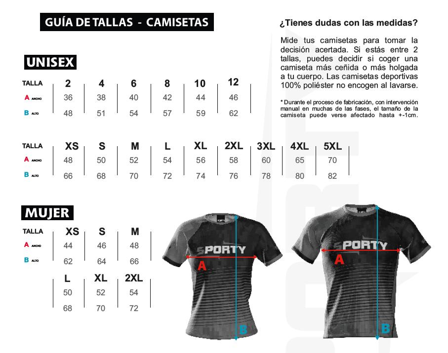 Guía de tallas de las camisetas de TECNIRUNNER, unisex y mujer